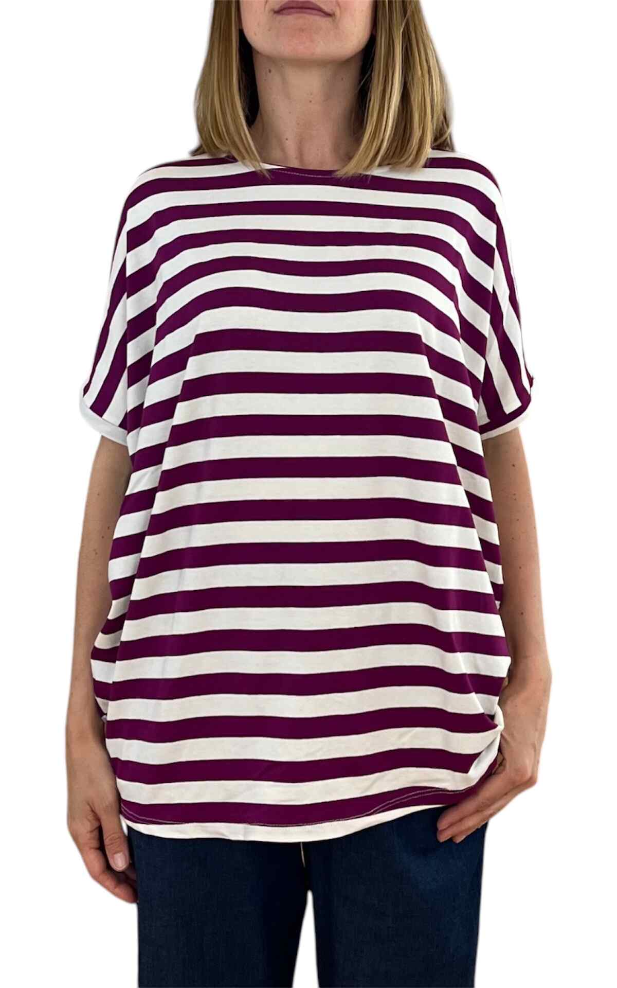 Initial - t-shirt mezza manica over riga - prugna