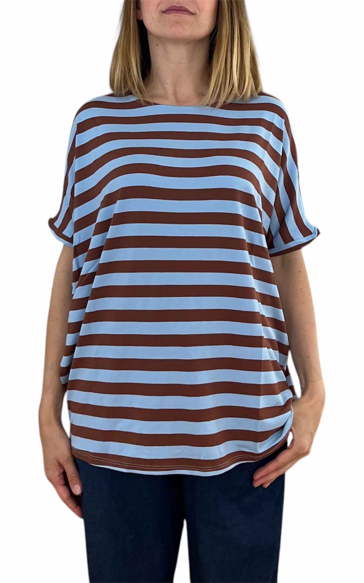 Initial - t-shirt mezza manica over riga - cioccolato
