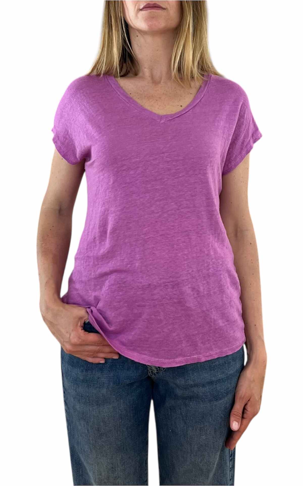Off-On - T shirt lino V - ciclamino