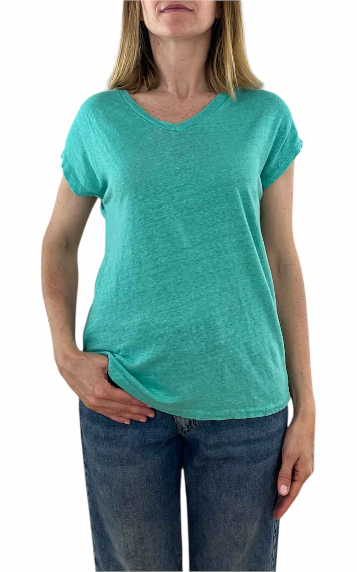 Off-On - T shirt lino V - verde acqua