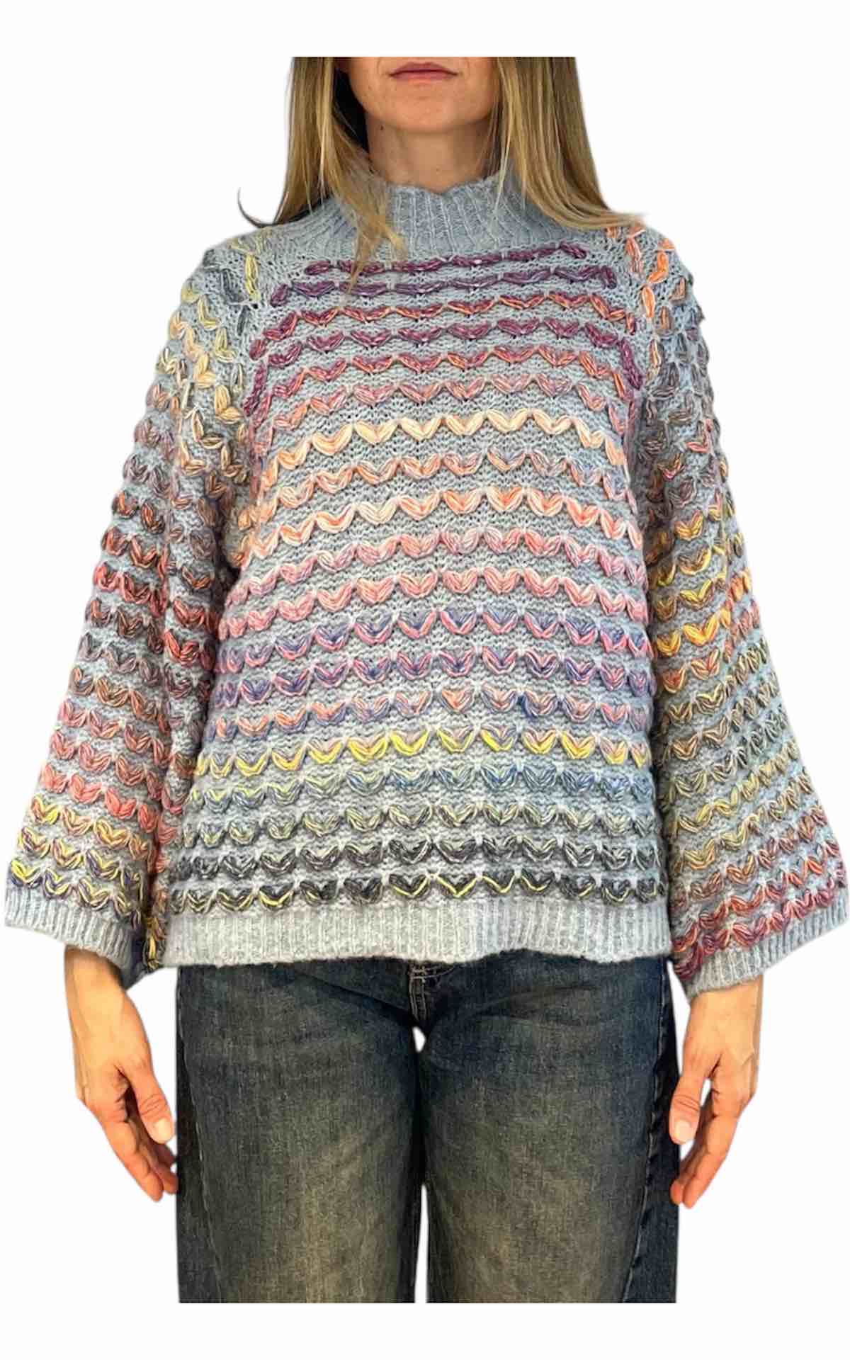 Off-On - Maglia intarsi multicolor - celeste